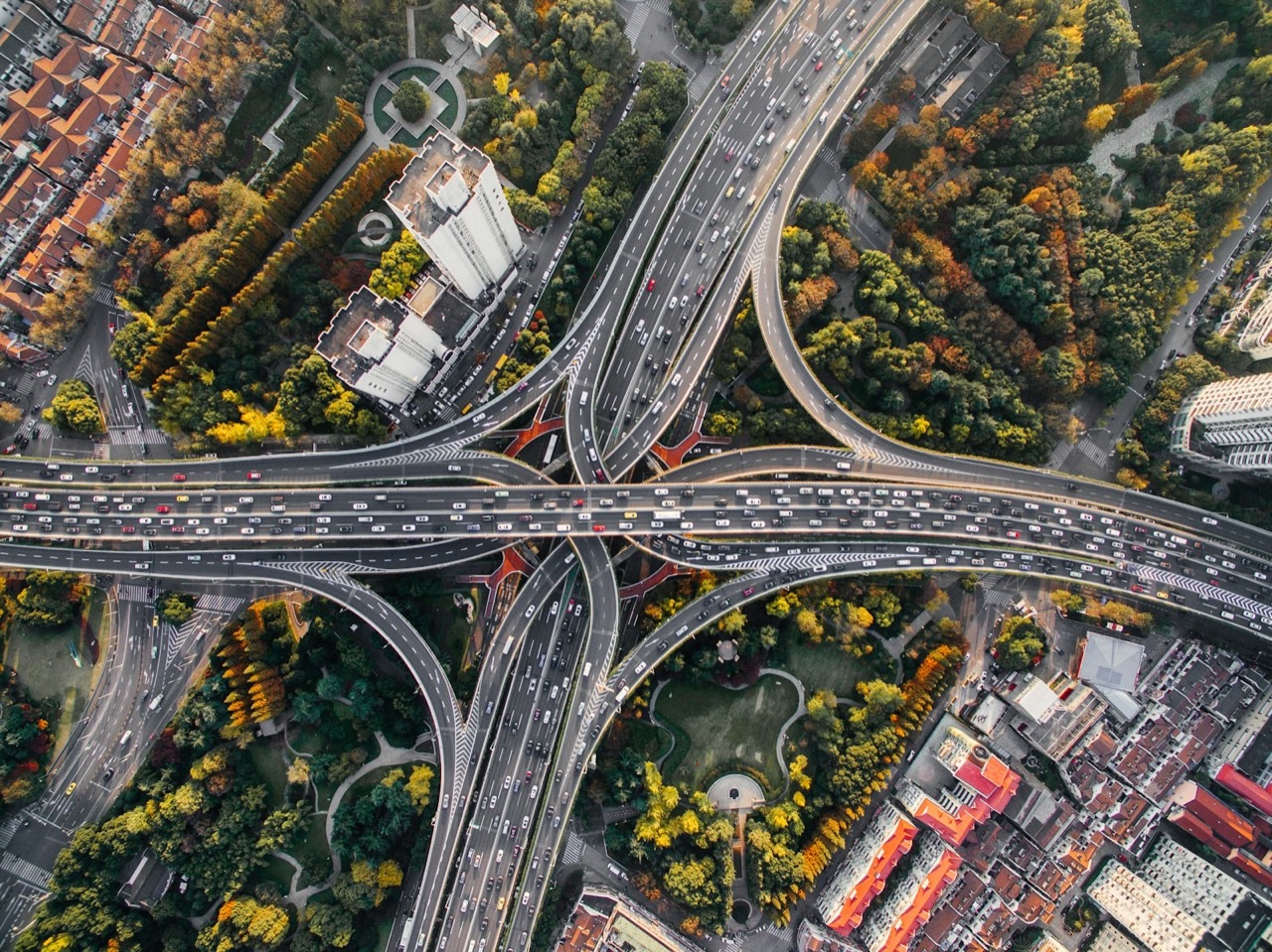 An aerial view of city roads and intersections